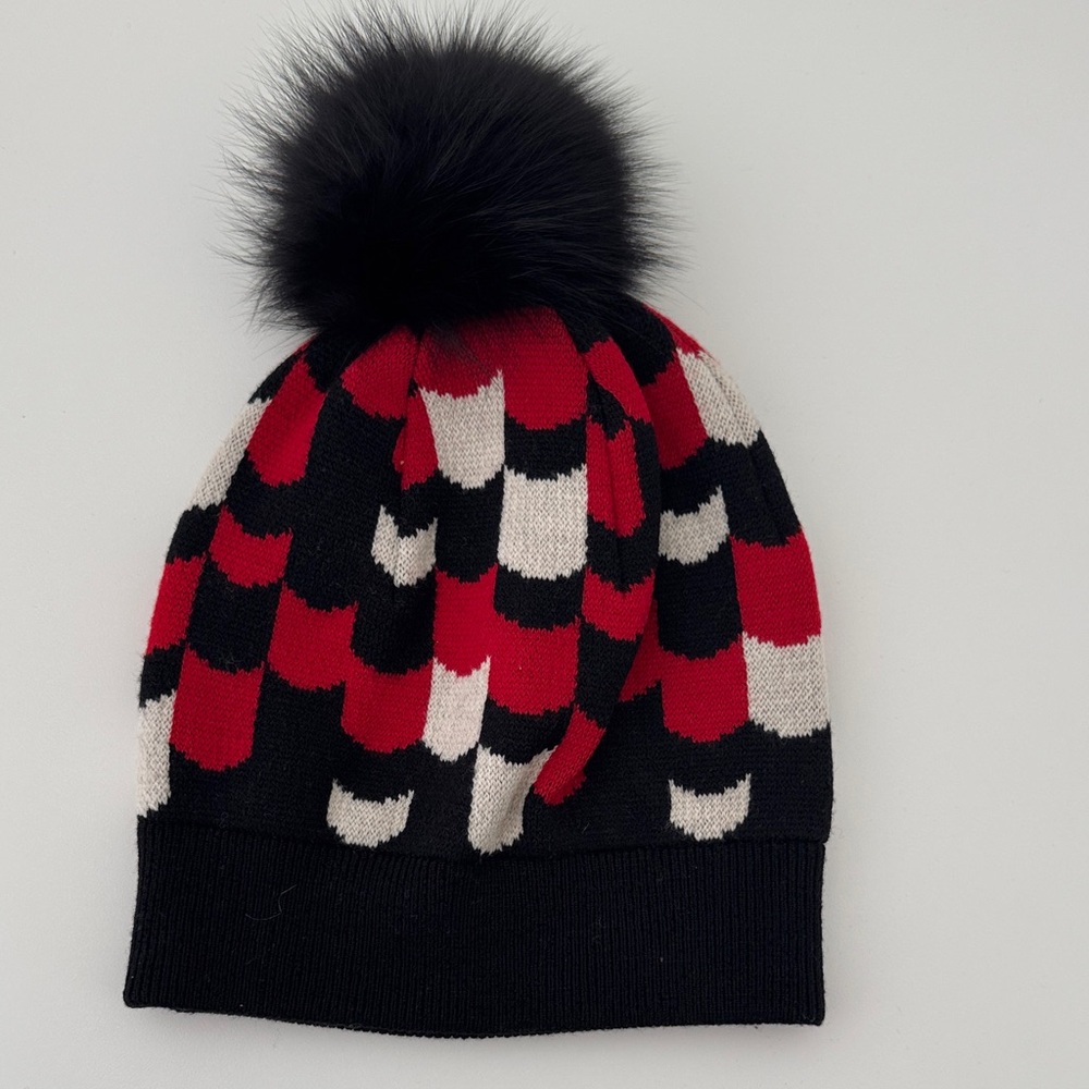 Prada Black & Red Fur Pom Pom Beanie